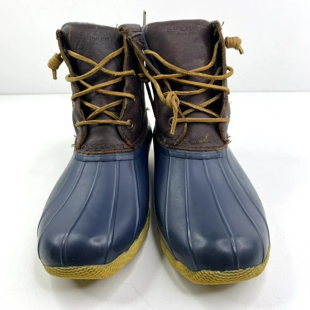 Sperry Saltwater Duck Rain Boots Leather Rubber Brown Navy Women's Size 7